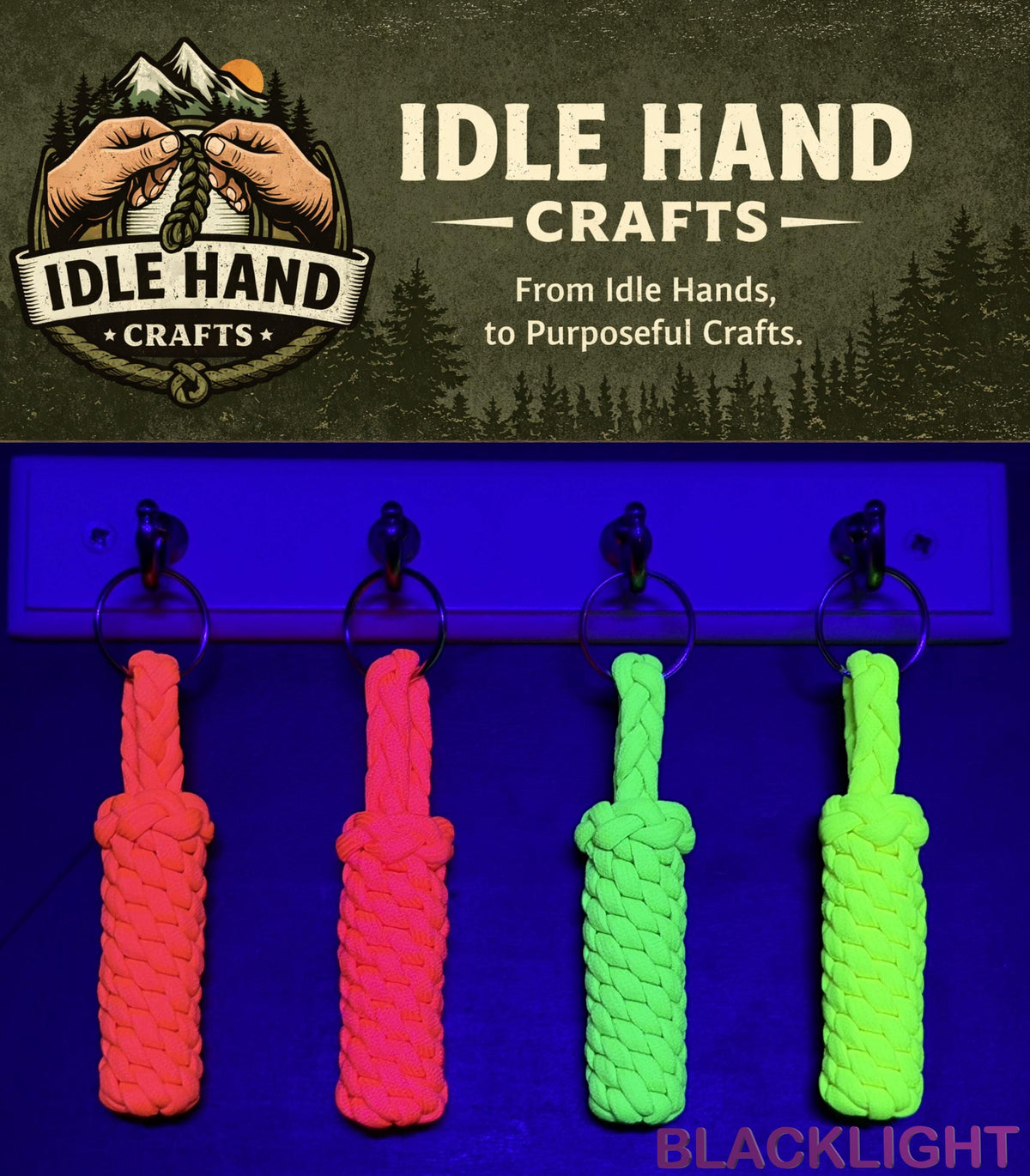 Neon Paracord Keychain, UV Reactive Key Fob, Bright Backpack Accessory