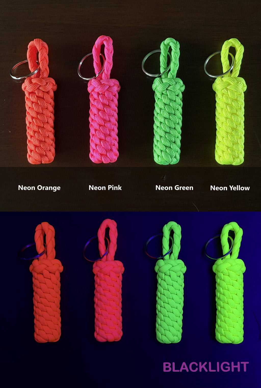Neon Paracord Keychain, UV Reactive Key Fob, Bright Backpack Accessory