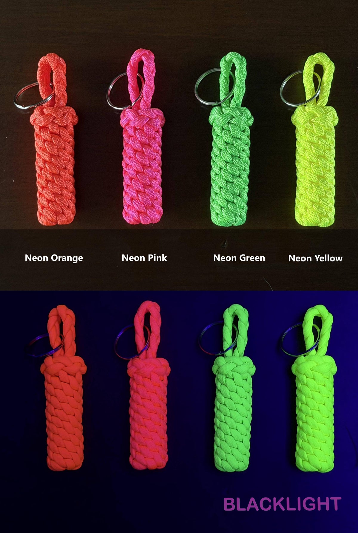 Neon Paracord Keychain, UV Reactive Key Fob, Bright Backpack Accessory